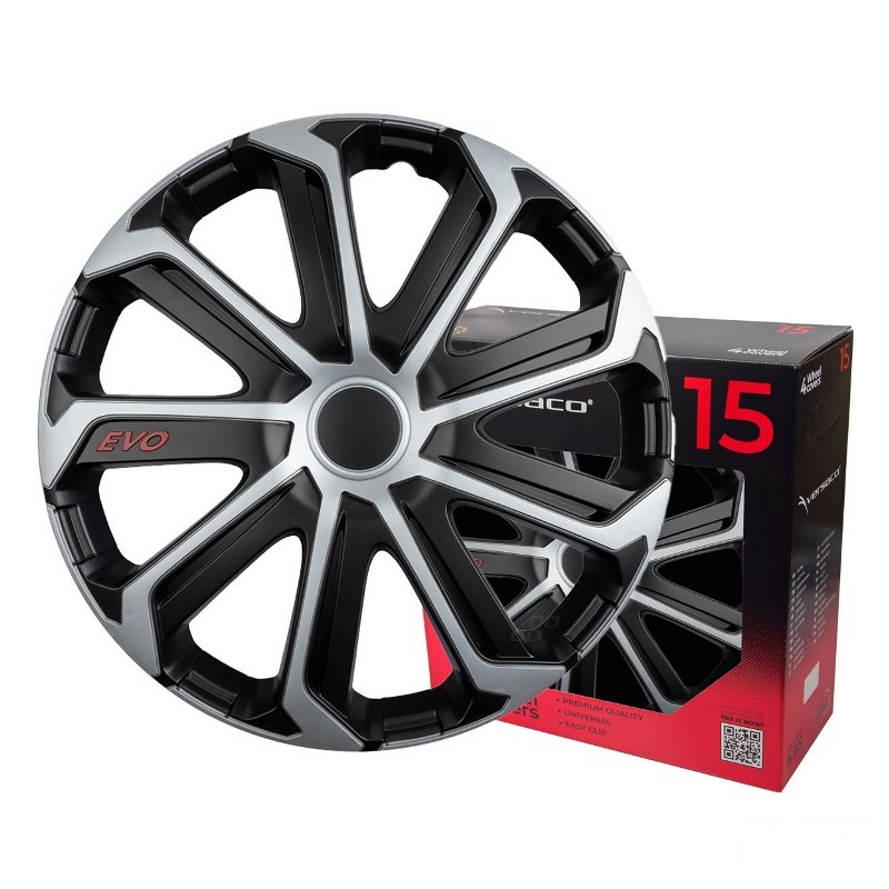Puklice na kolesá 4ks sada EVO čierna a strieborná 15" COLOR BOX
