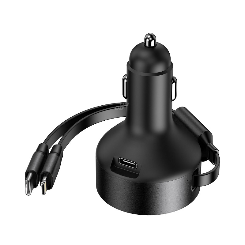 Výsuvná nabíjačka do auta C kábel + lightning kábel + USB C port 12/24V 60W