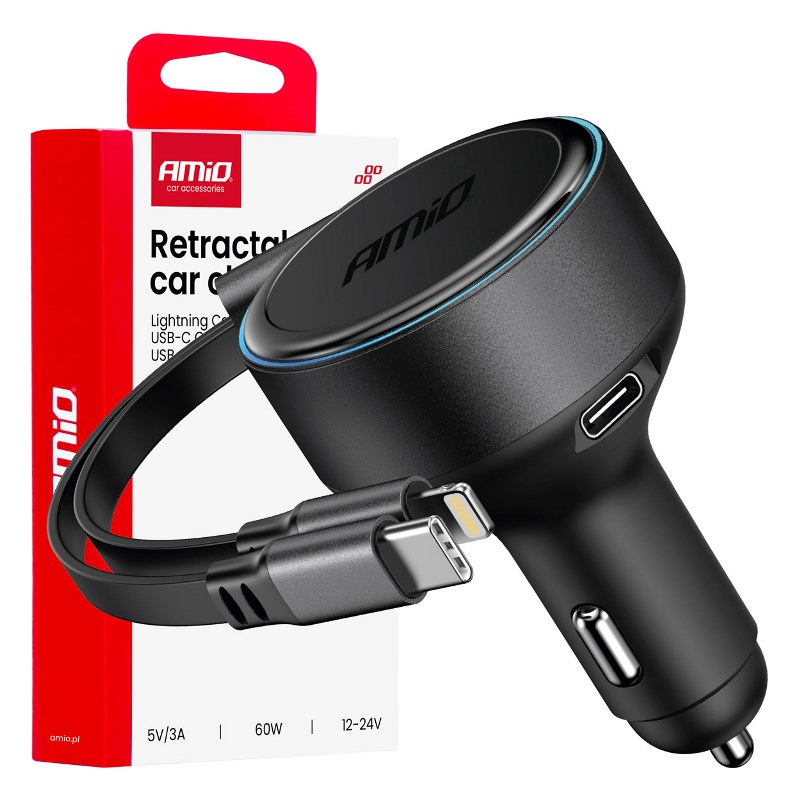 Výsuvná nabíjačka do auta C kábel + lightning kábel + USB C port 12/24V 60W