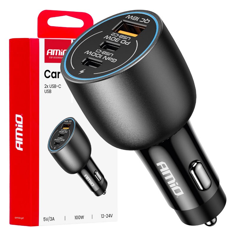 Nabíjačka do auta 2x USB C port + USB A port 12/24V 100W