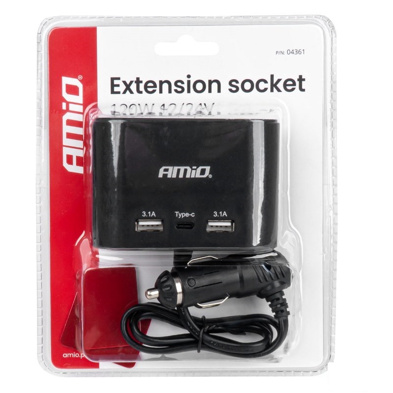 Predlžovacia zásuvkai 2x USB-A 1x USB-C 12V 24V 120W 70cm