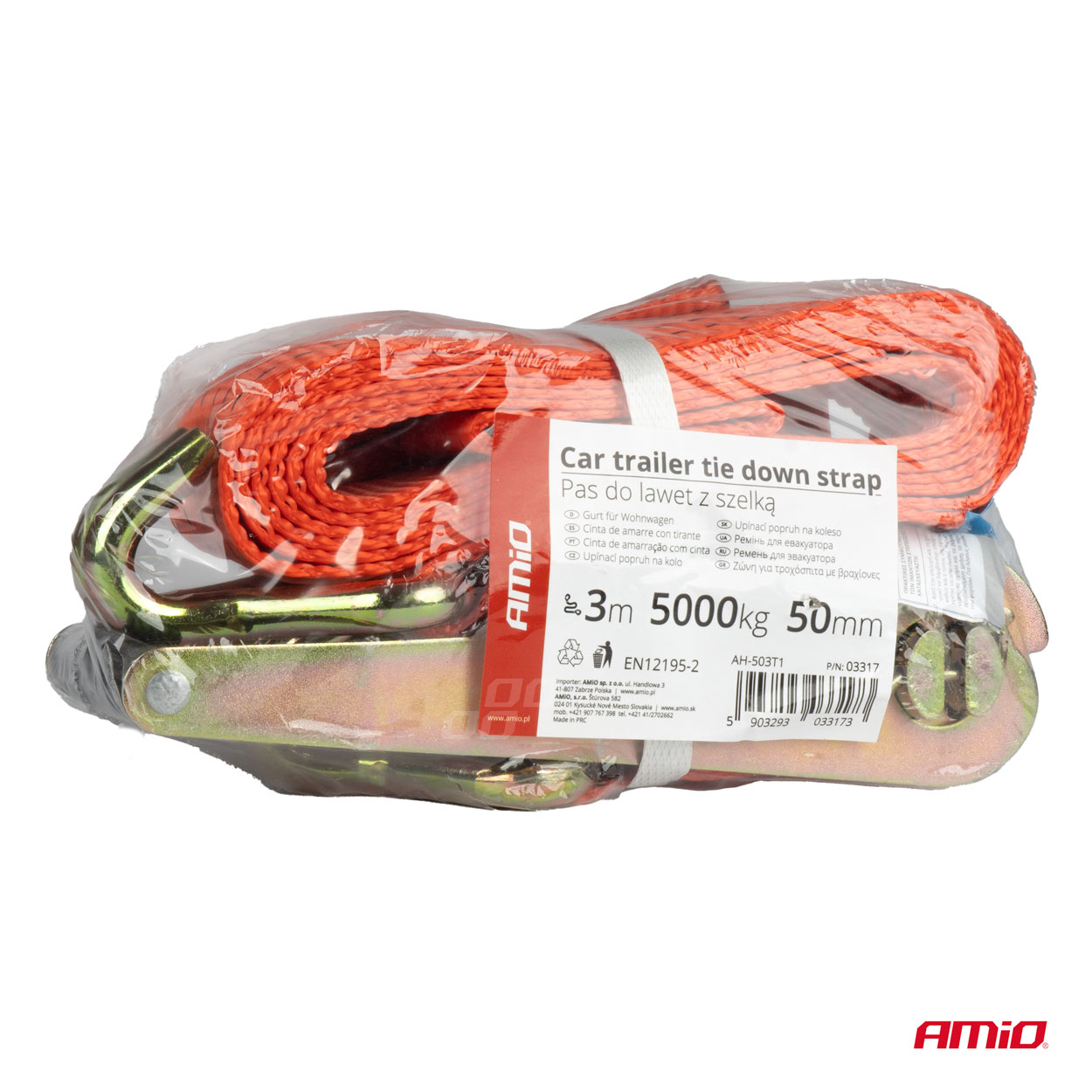 Upínací popruh na koleso 3-bodový s račňou 5000kg 50mm 3m AMiO-03317