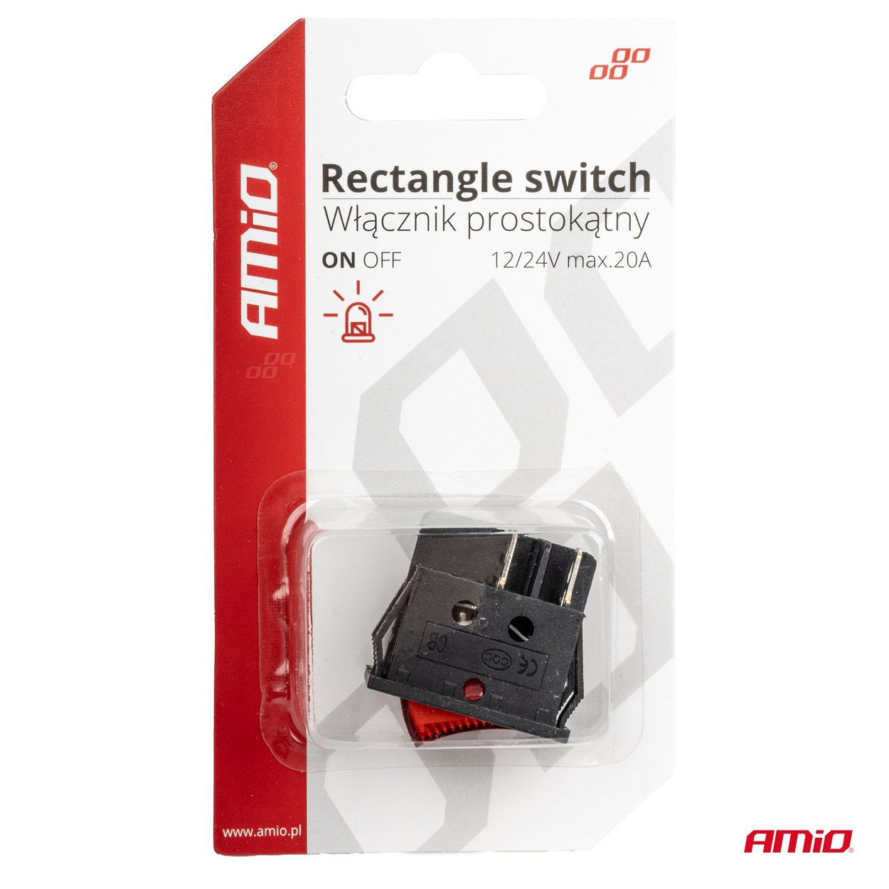 Prepínač kolískový štvorcový s červeným podsvetiením 12/230V - BU02