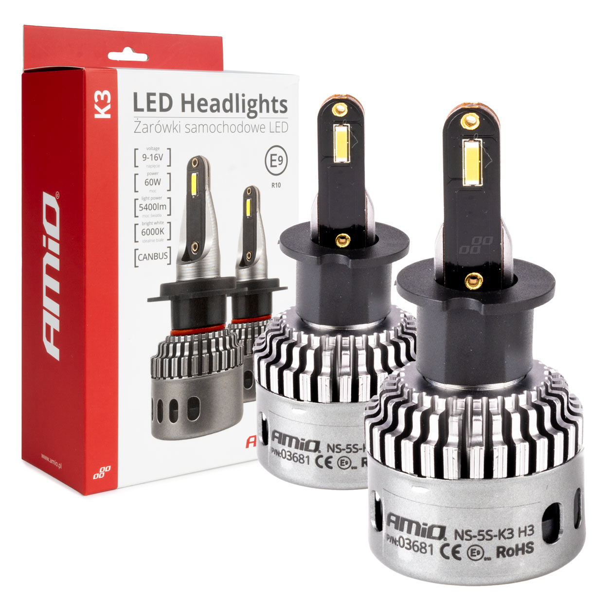 LED žiarovky hlavného svietenia K3 H3 12V 6000K canbus AMIO-03681