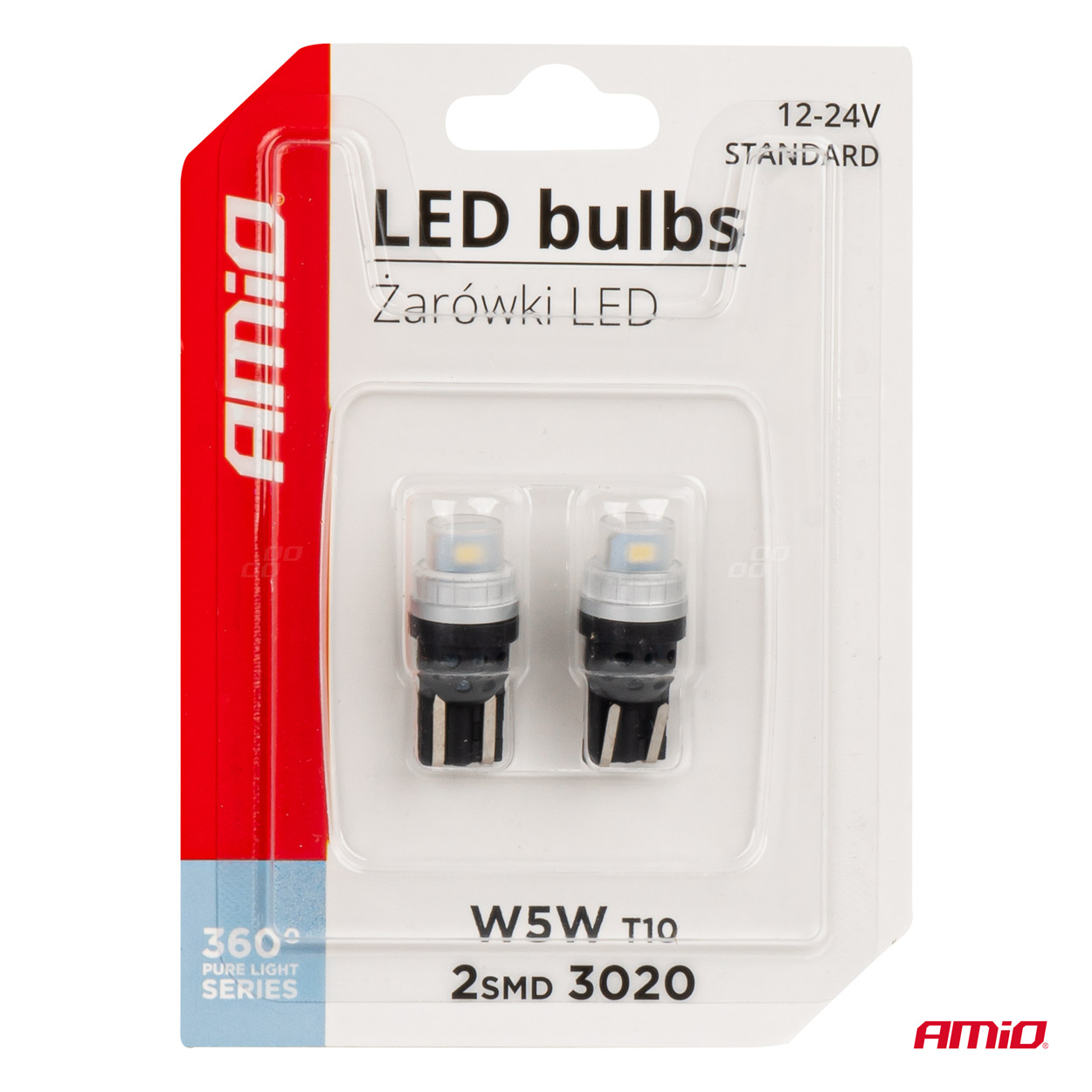 LED žiarovky 360 Pure Light Series STANDARD T10 W5W 2x3020 SMD White 12V/24V AMIO-03726