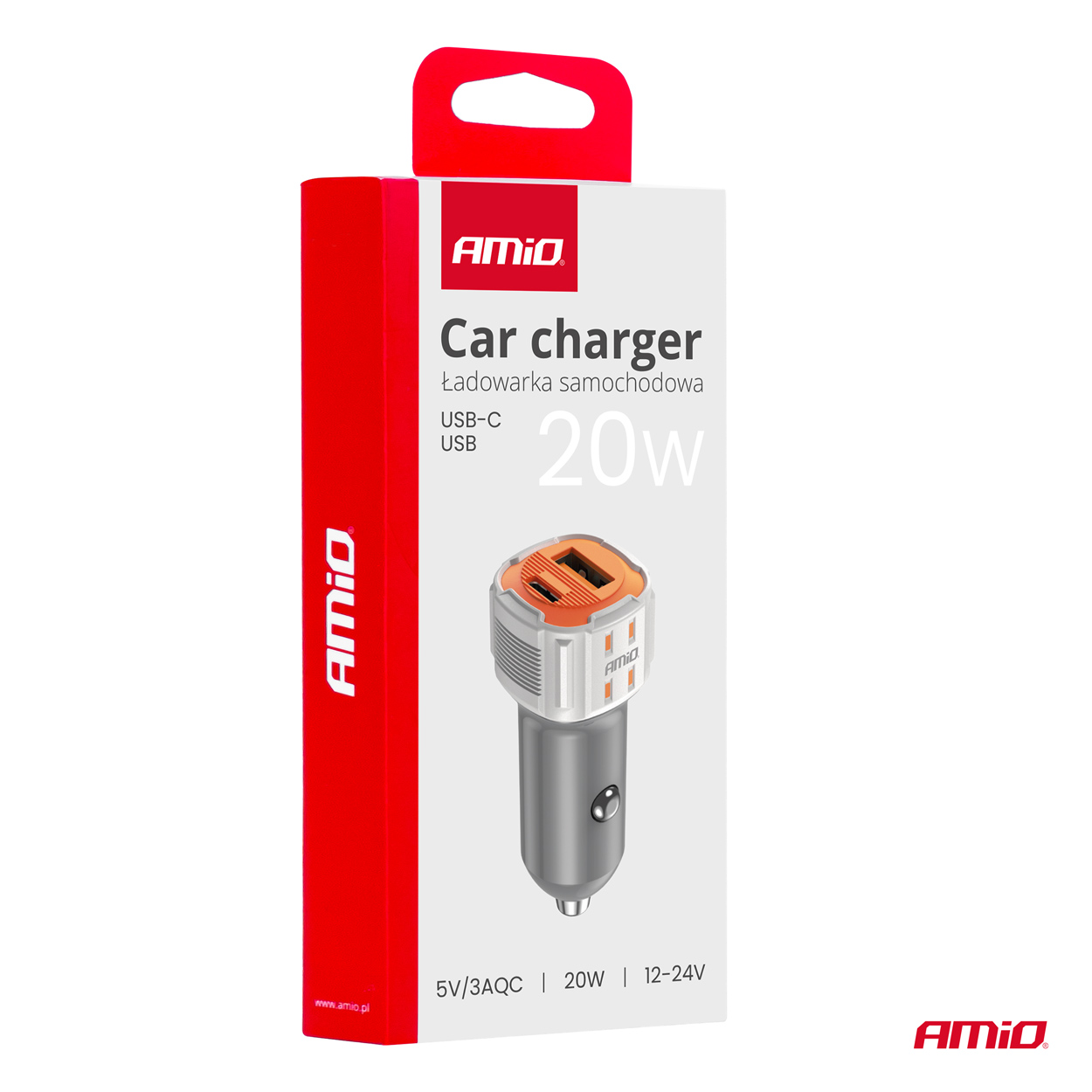 Nabíjačka do auta USB-A + USB-C 20W 12/24V AMiO-03882