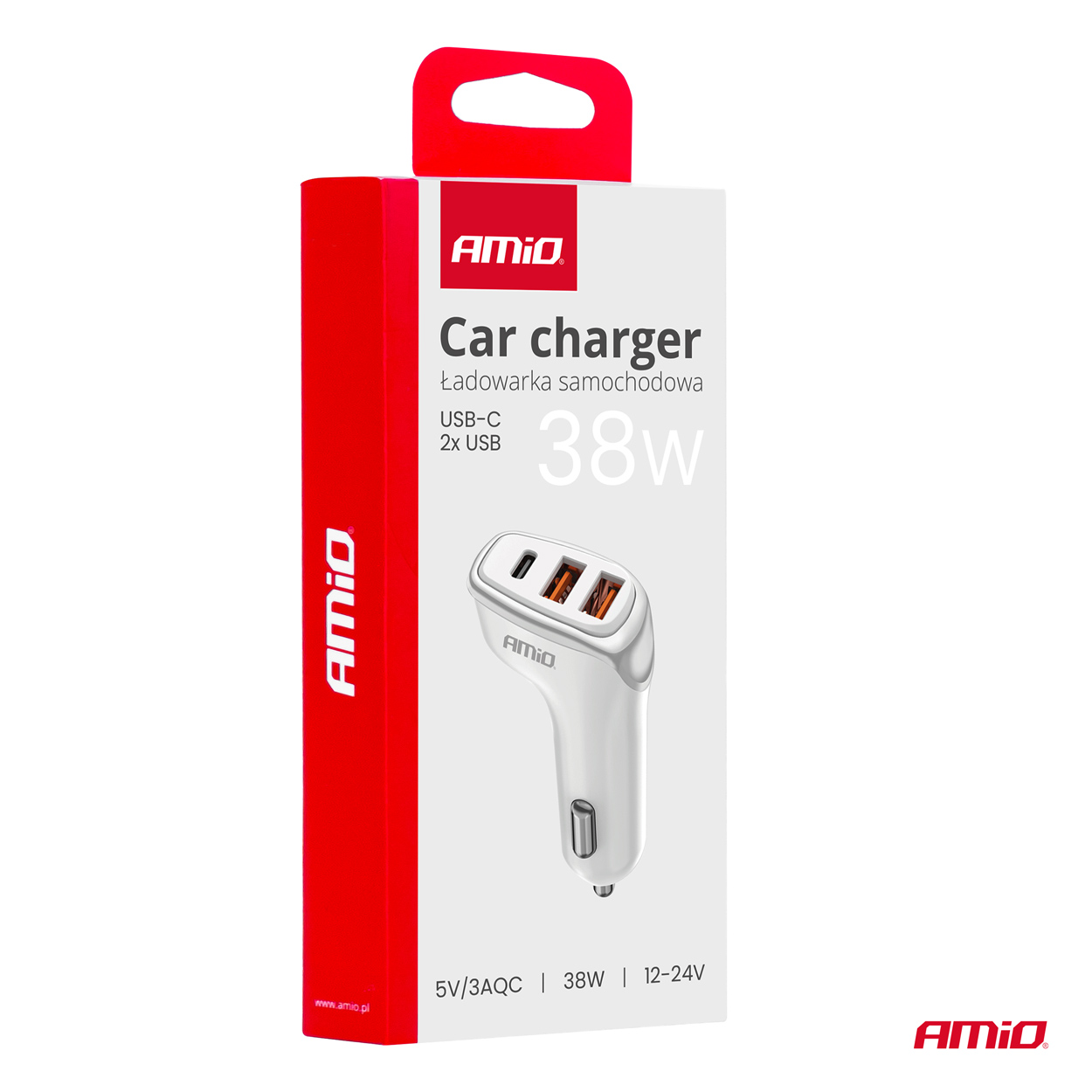 Nabíjačka do auta 2x USB-A + USB-C 38W AMiO-03886