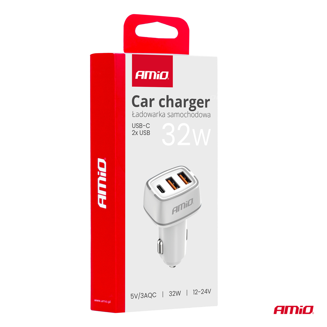 Nabíjačka do auta 2x USB-A + USB-C 32W 12/24V AMiO-03890