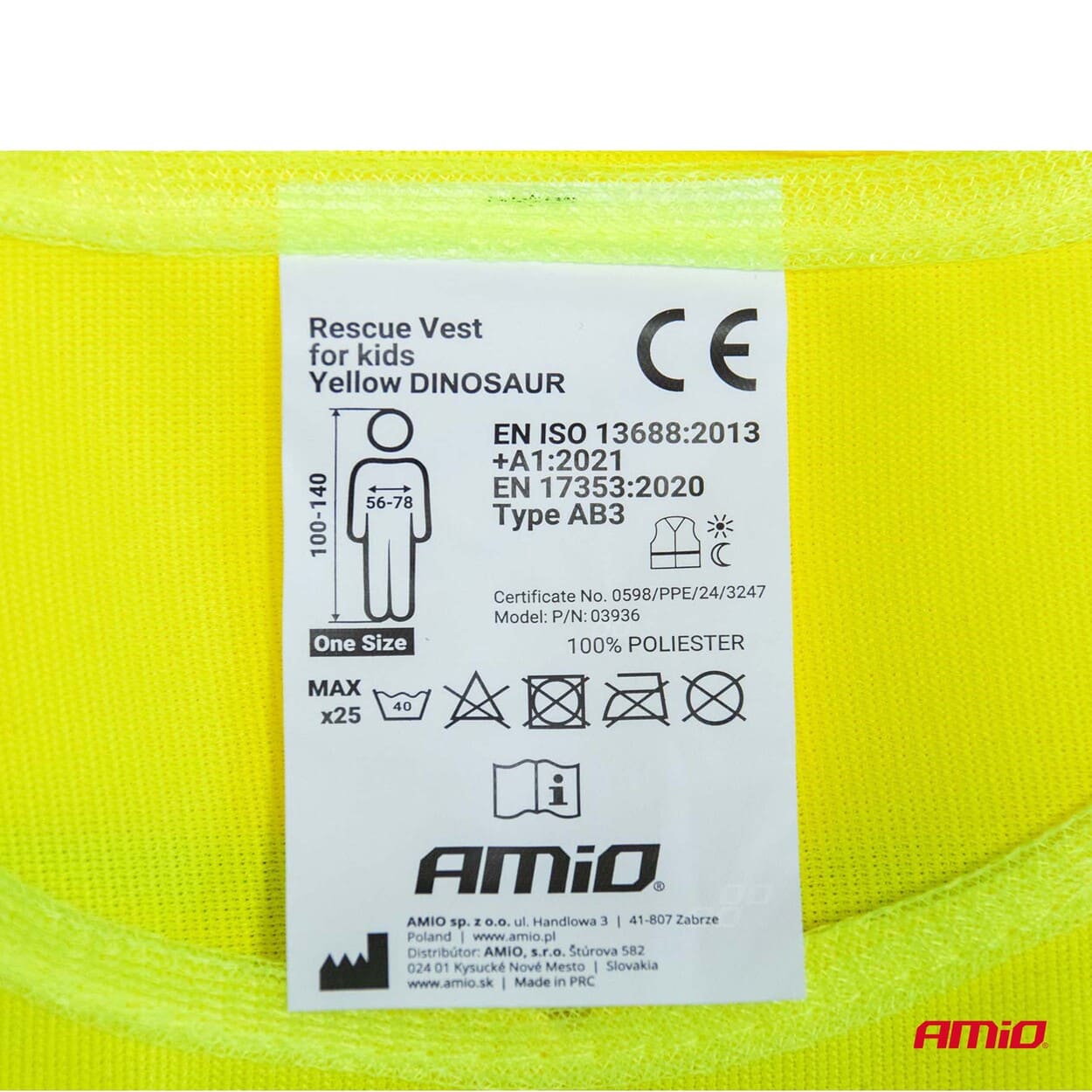 Výstražná vesta detská žltá s certifikátom DINOSAUR AMiO-03936