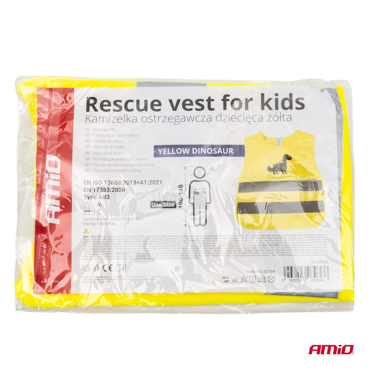 Výstražná vesta detská žltá s certifikátom DINOSAUR AMiO-03936