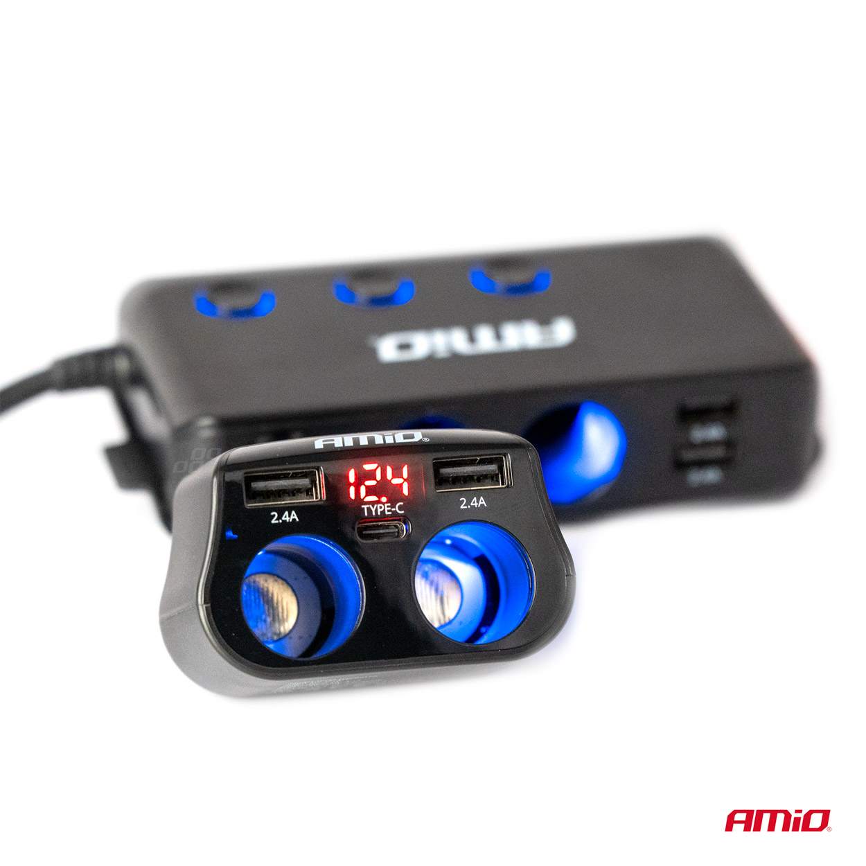 Dvojitá predlžovacia zásuvka 2xUSB 1xUSB C 12/24V max 200W AMiO-04173