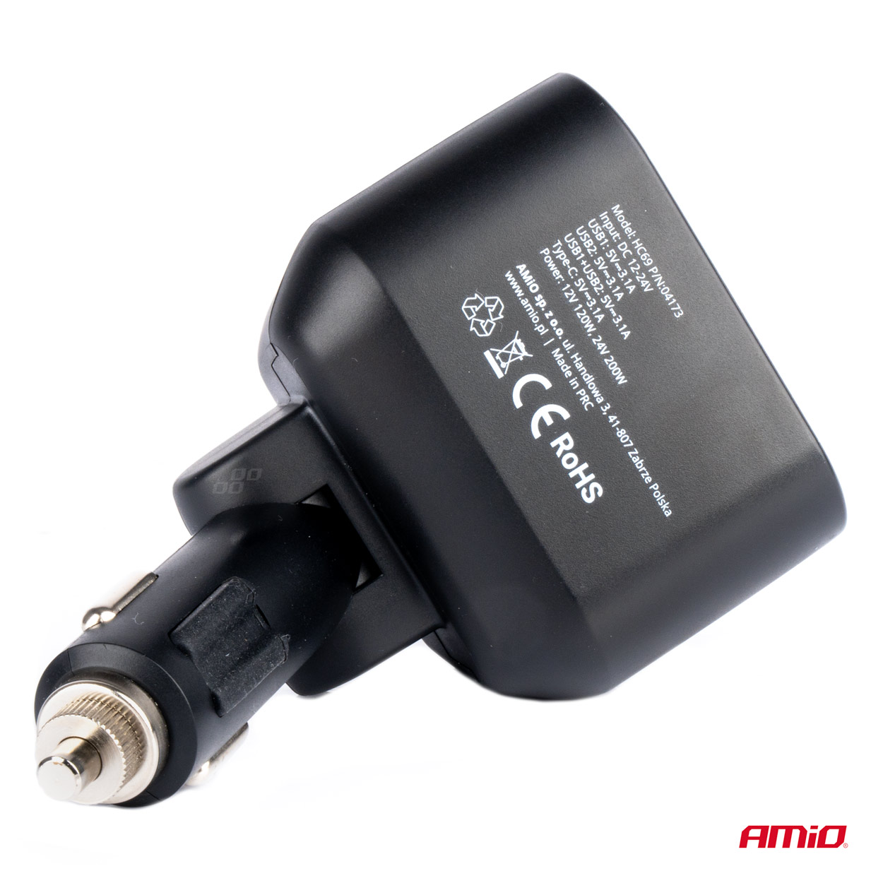 Dvojitá predlžovacia zásuvka 2xUSB 1xUSB C 12/24V max 200W AMiO-04173