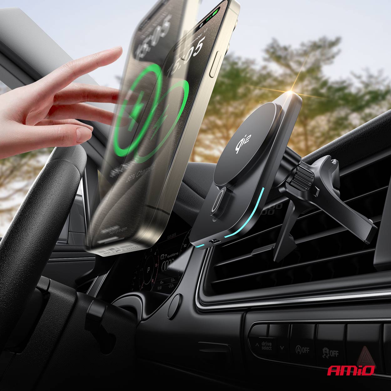 Držiak magnetický s rýchlonabíjačkou do auta Qi2 15W AMiO-04180
