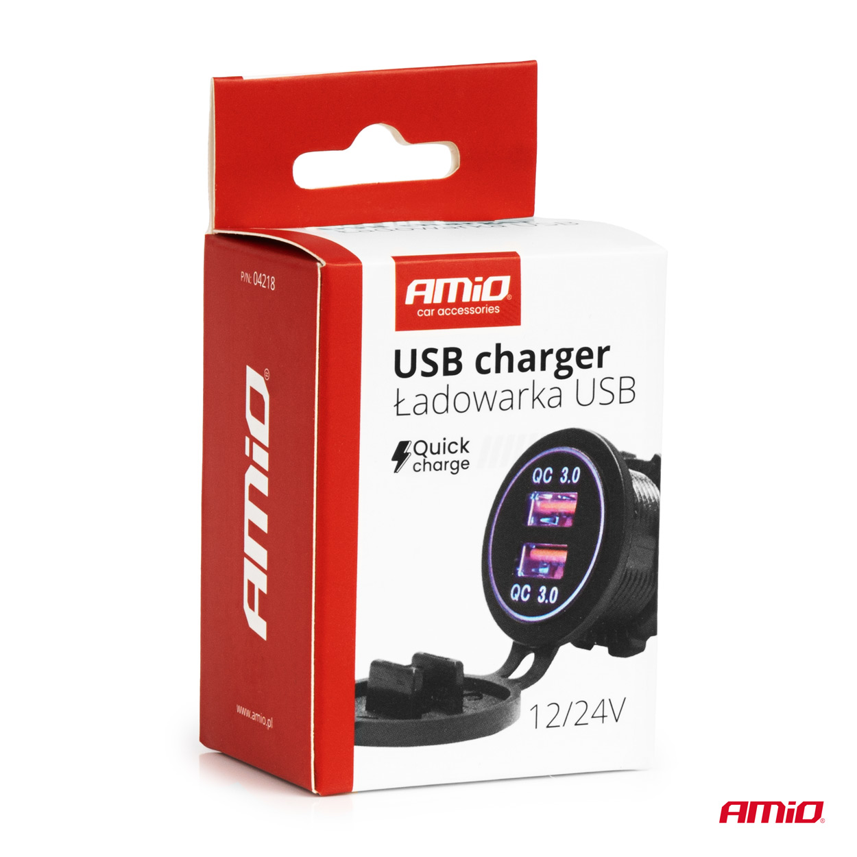 Vodotesná nabíjačka s MODRÝM LED podsvietením 2xUSB QC3.0 12/24V AMiO-04218