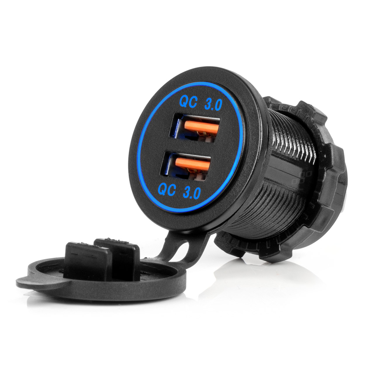 Vodotesná nabíjačka s MODRÝM LED podsvietením 2xUSB QC3.0 12/24V AMiO-04218