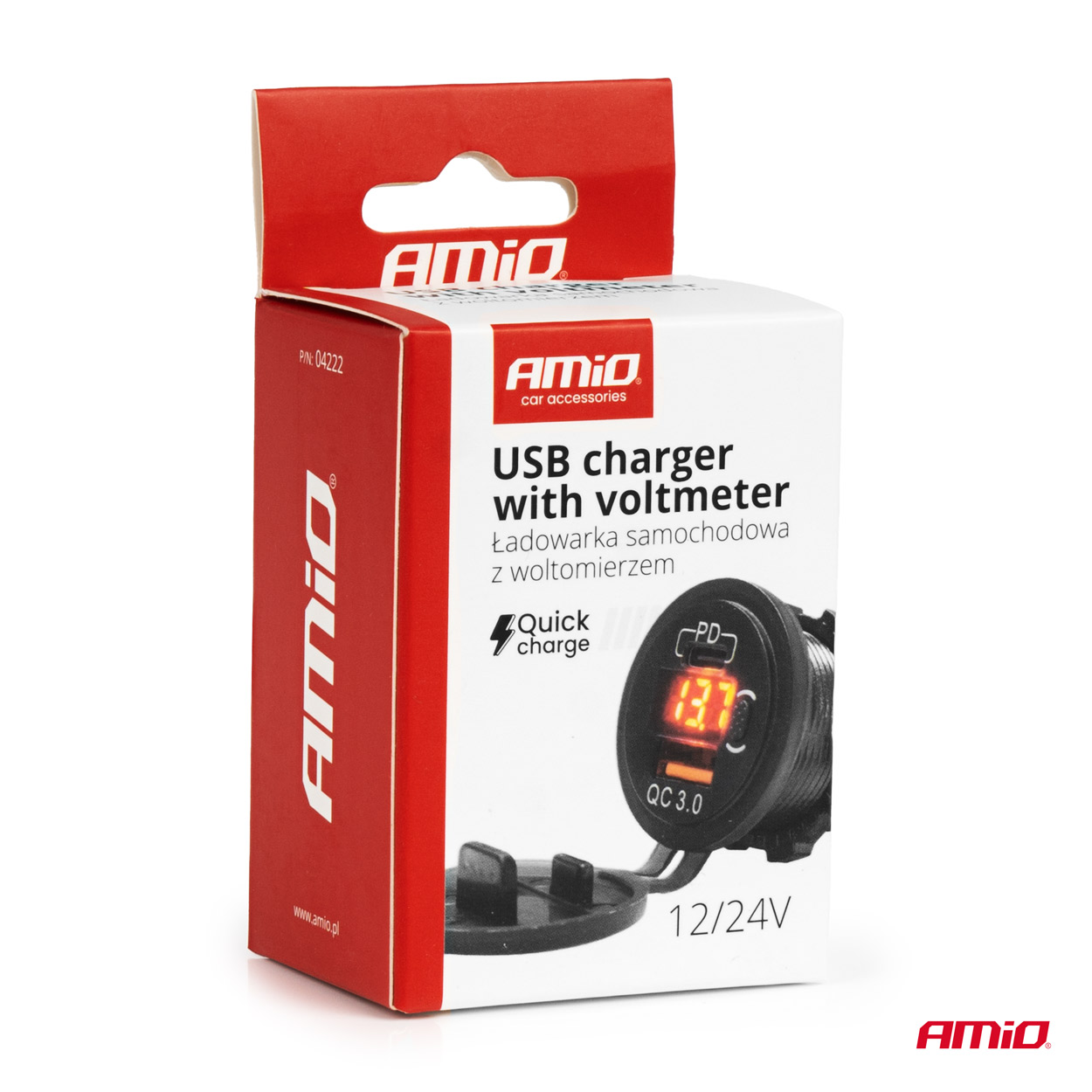 Vodotesná nabíjačka so spínačom, digitálnym voltometrom ČERVENÝ LED indikátor USB + USB C QC3.0 12/24V AMiO-04222