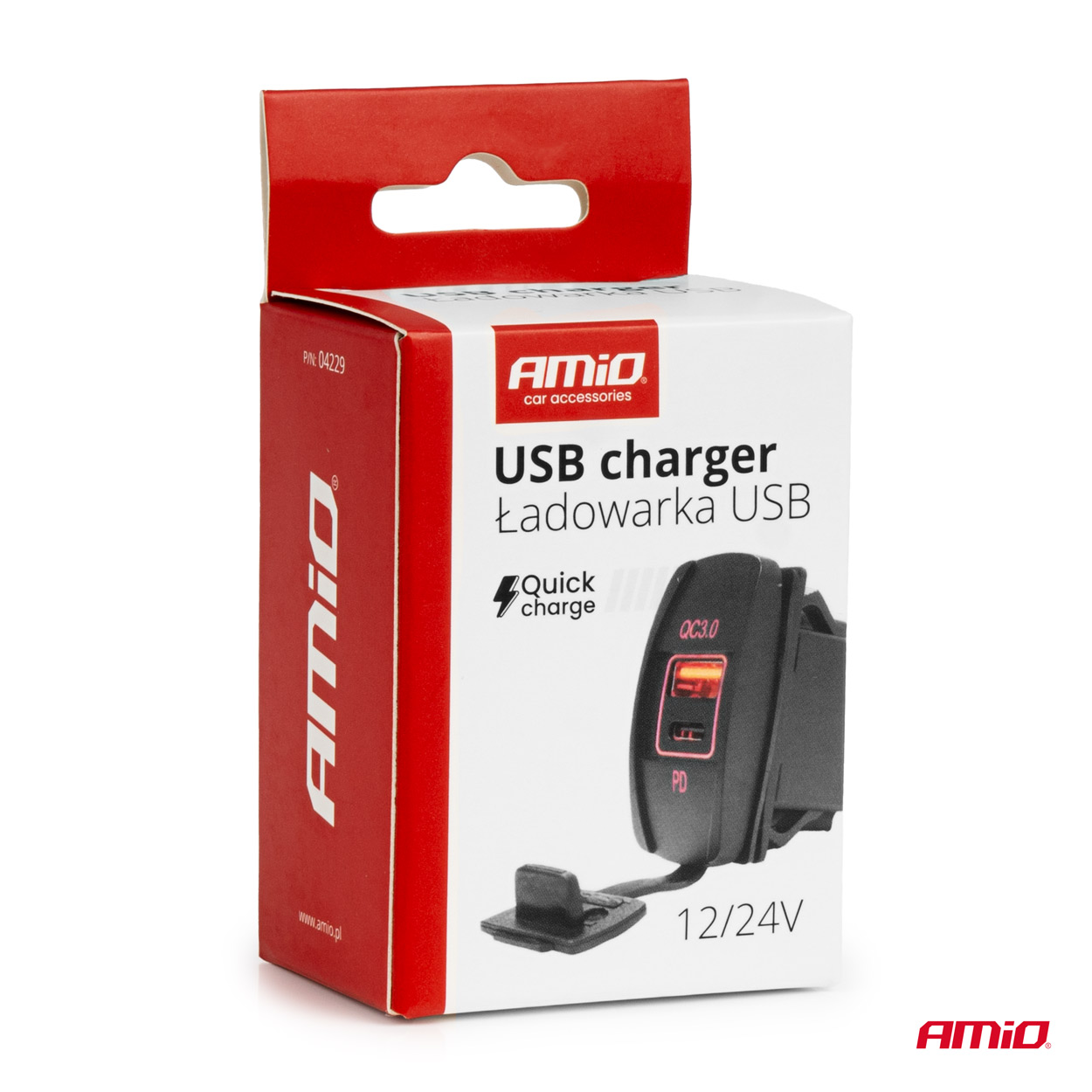 Vodotesná nabíjačka na telefón v tvare lode s ČERVENÝM LED podsvietením USB + USB C QC3.0 12/24V AMiO-04229
