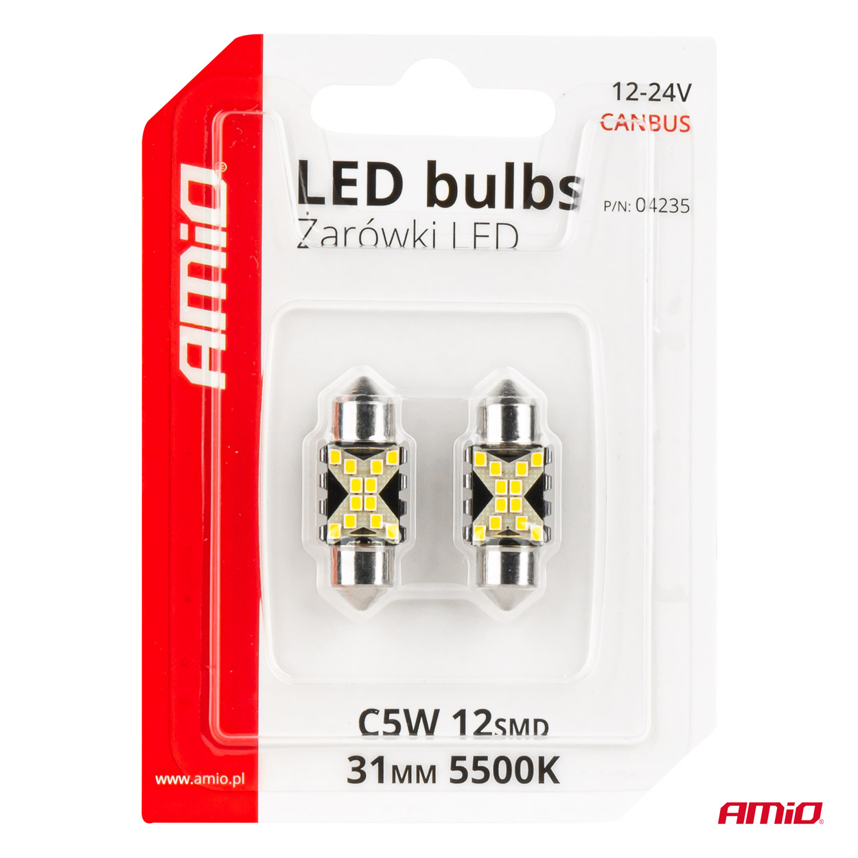 LED žiarovky CANBUS 12SMD Festoon C5W 2016 31mm White 12/24V AMiO-04235