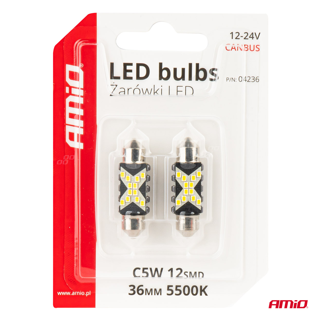 LED žiarovky CANBUS 12SMD Festoon C5W 2016 36mm White 12/24V AMiO-04236