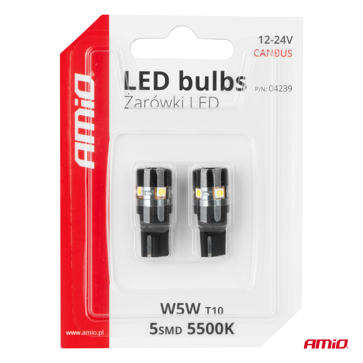 LED žiarovky CANBUS T10 W5W 5SMD 3030 White 12V 24V AMiO-04239
