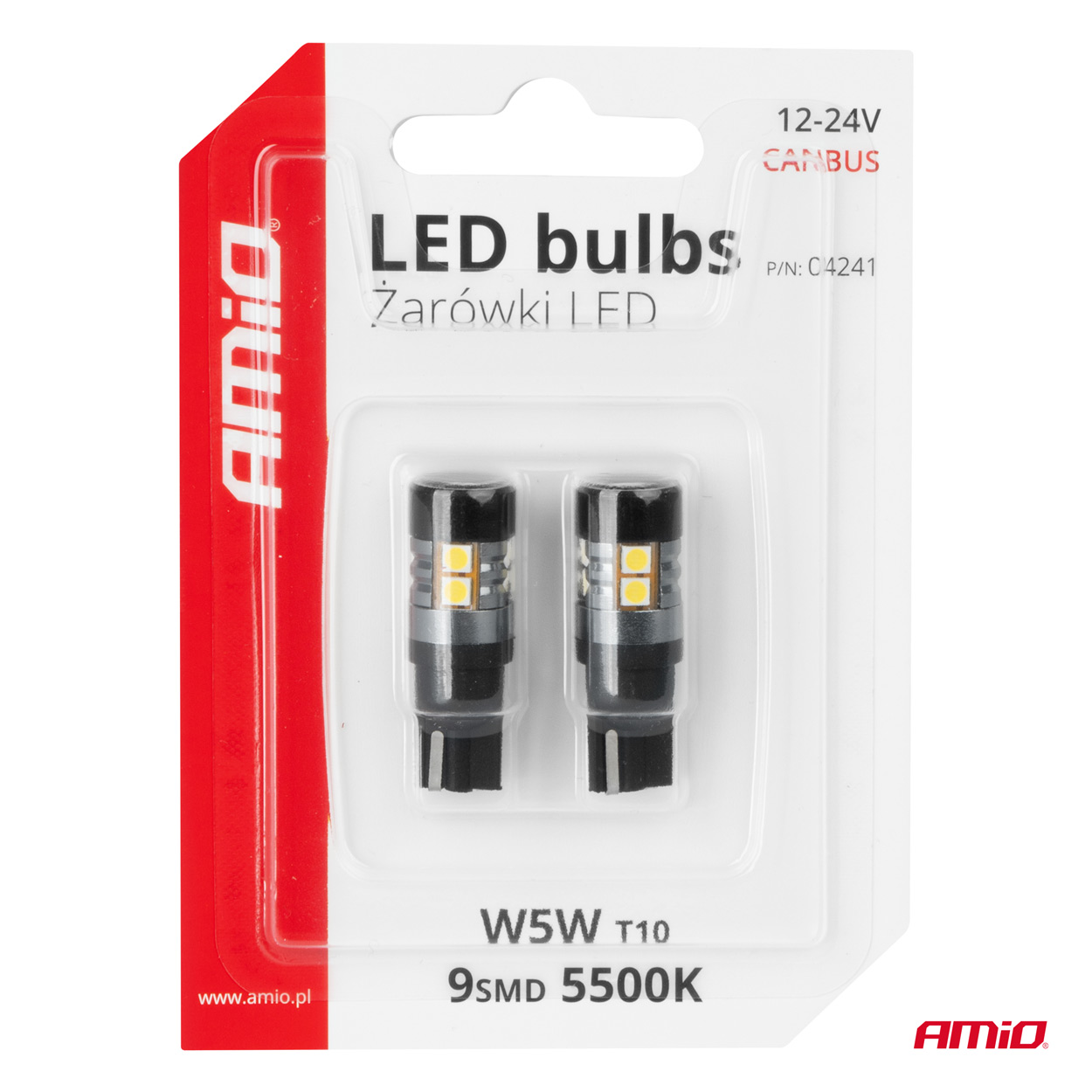 LED žiarovky CANBUS T10 W5W 9 SMD 3030 Biela 12V 24V AMiO-04241
