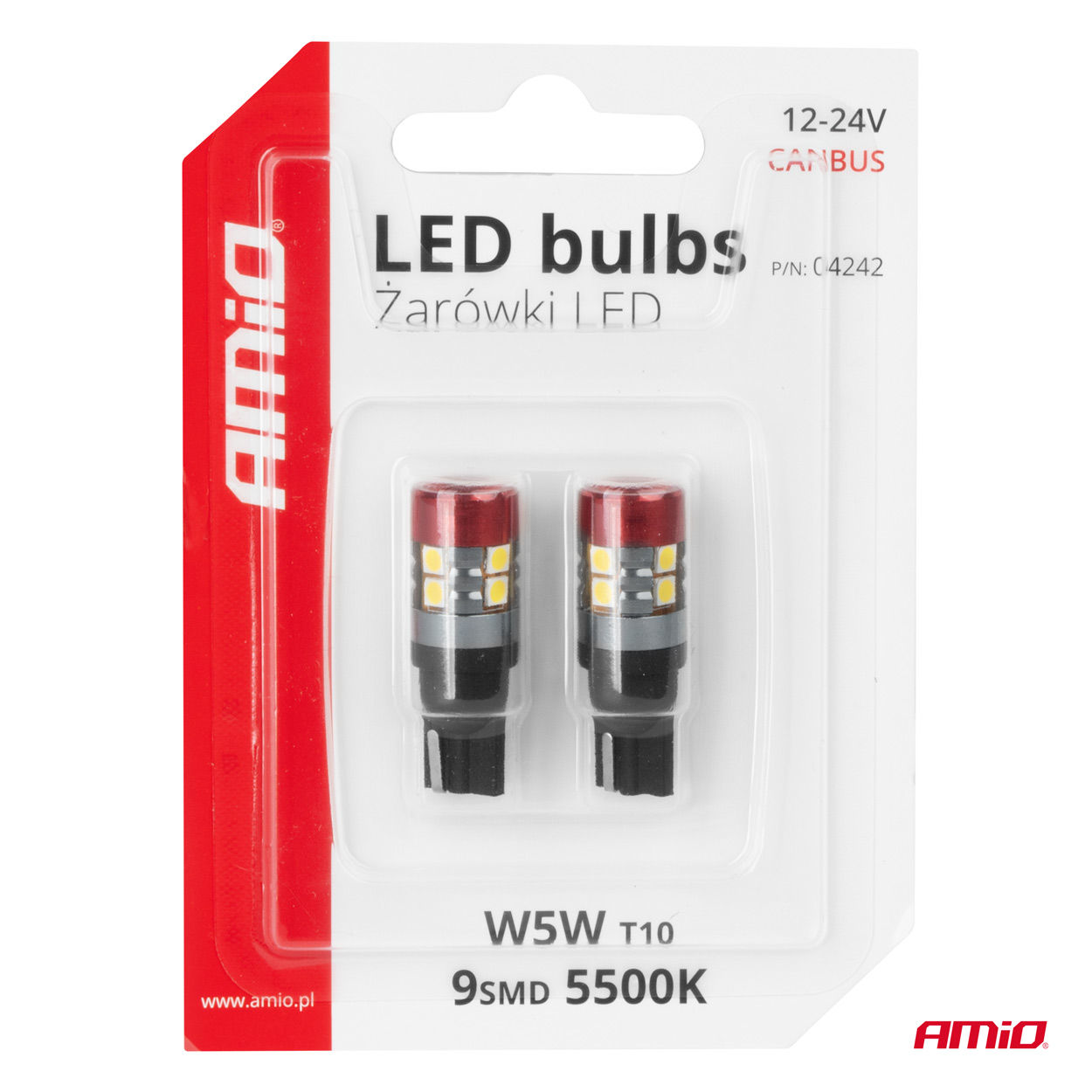 LED žiarovky CANBUS T10 W5W 9 SMD 3030 Bielé 12V 24V AMiO-04242