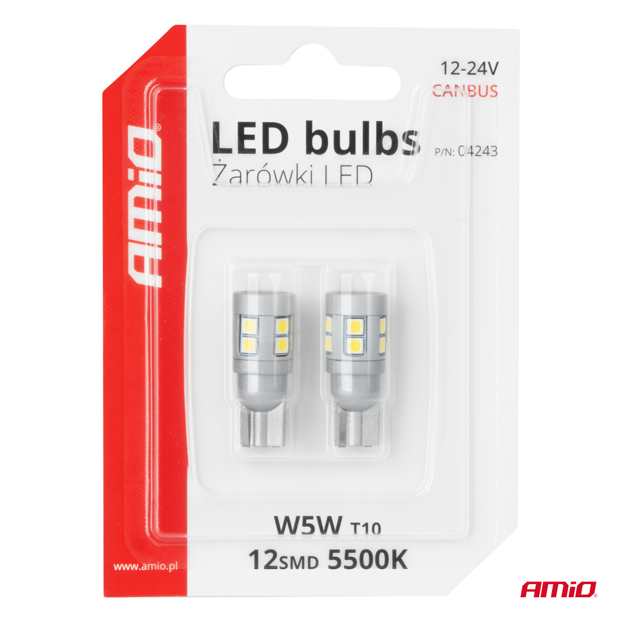 LED žiarovky CANBUS T10 W5W 12 SMD 3030 Biela 12V 24V AMiO-04243