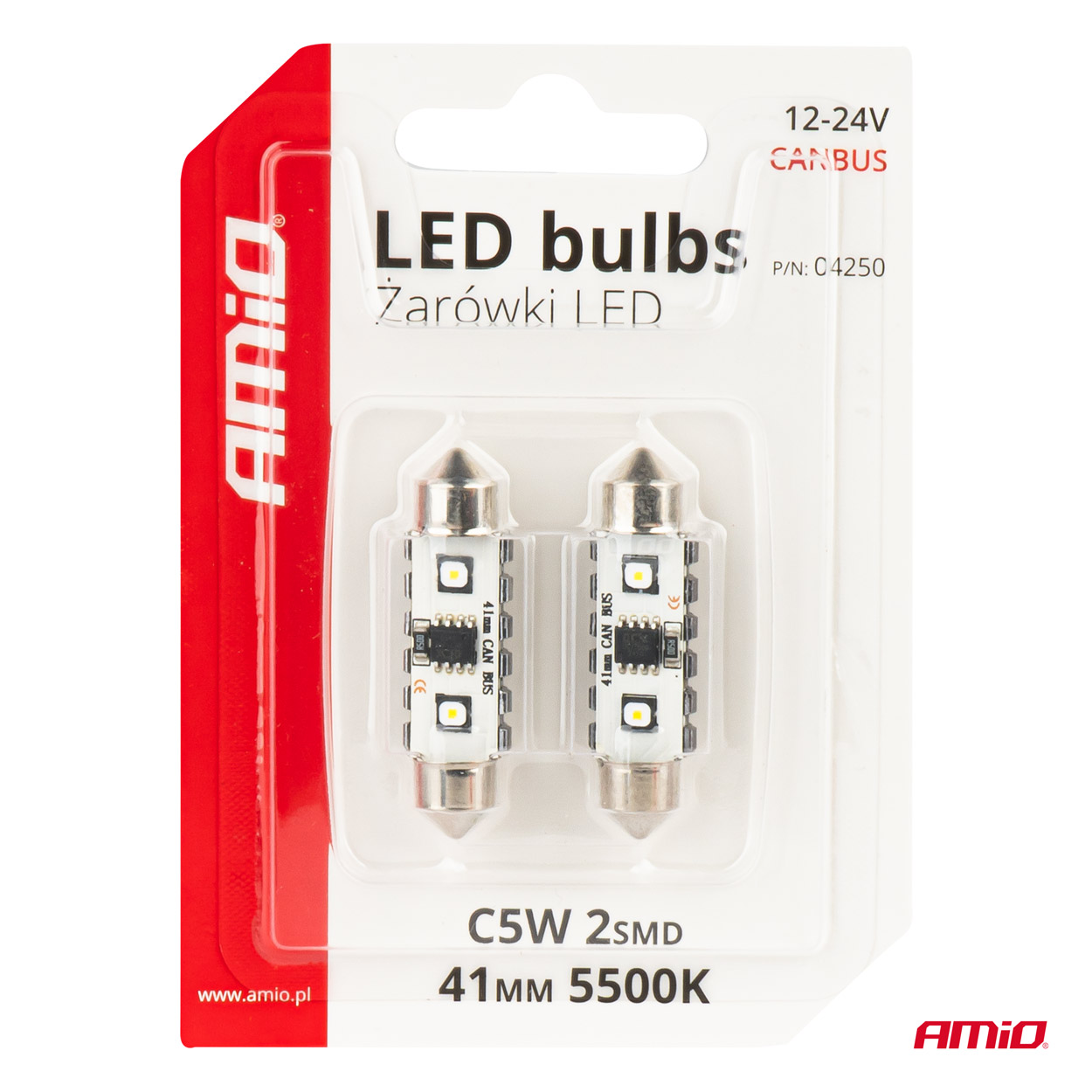 LED žiarovky CANBUS 12SMD Festoon C5W 3838 41mm White 12/24V AMiO-04250