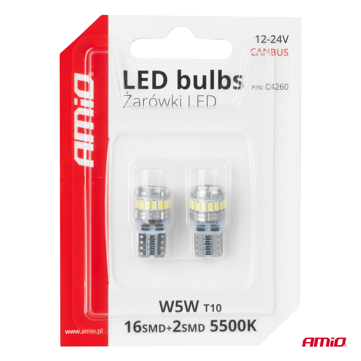 LED žiarovky CANBUS T10 W5W 16SMD 2SMD 3014 3030 Biela 12V 24V AMiO-04260