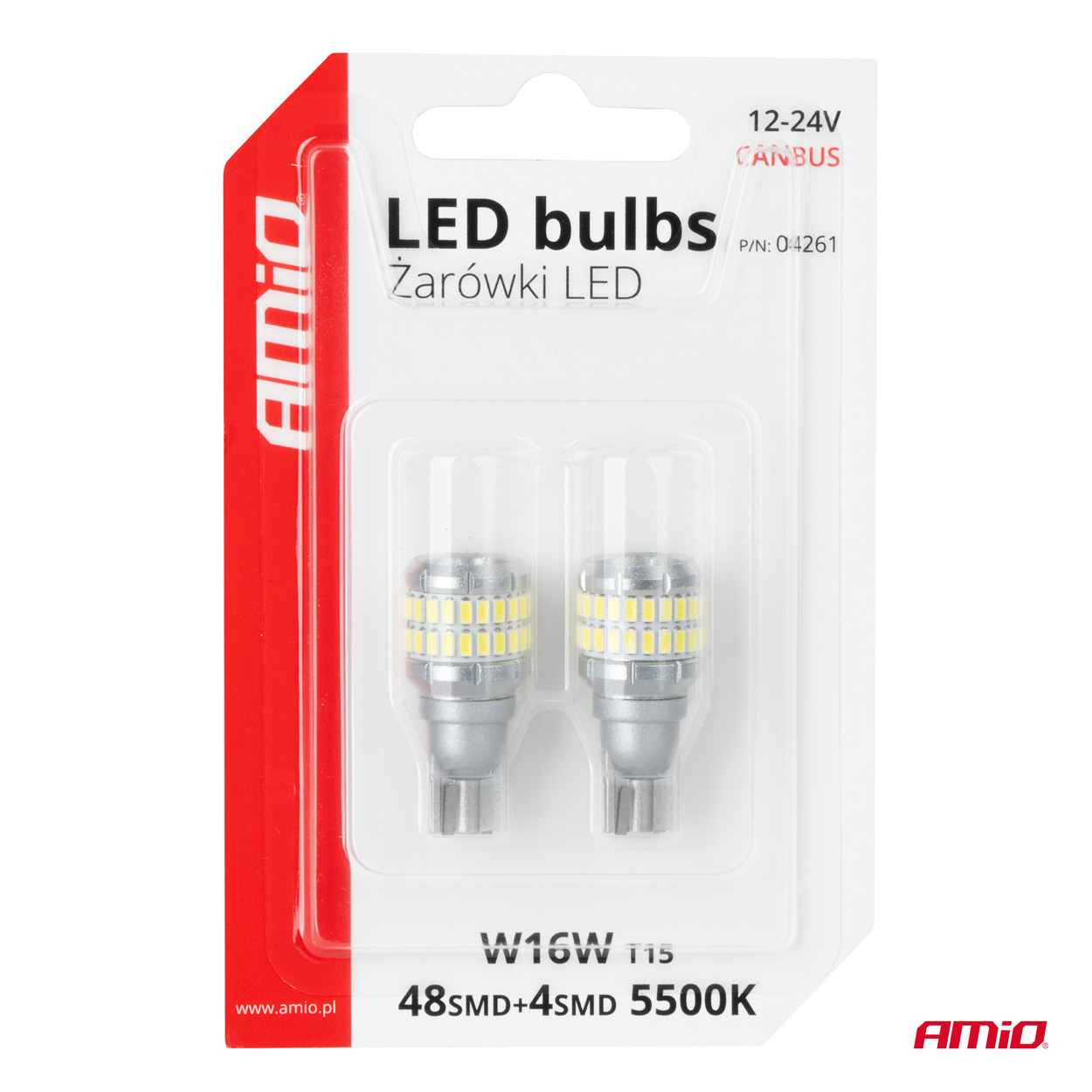 LED žiarovky CANBUS T15 W16W 48SMD 4SMD 3014 3030 Biela 12V 24V AMiO-04261