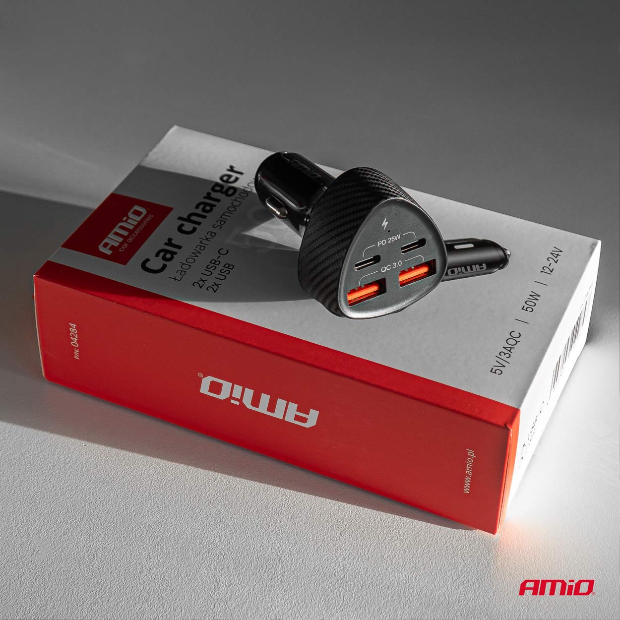 Nabíjačka do auta 50W 2xUSB-A + 2xUSB-C AMiO-04284