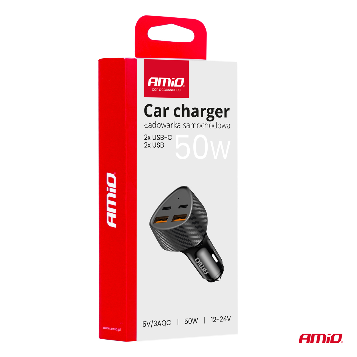 Nabíjačka do auta 50W 2xUSB-A + 2xUSB-C AMiO-04284