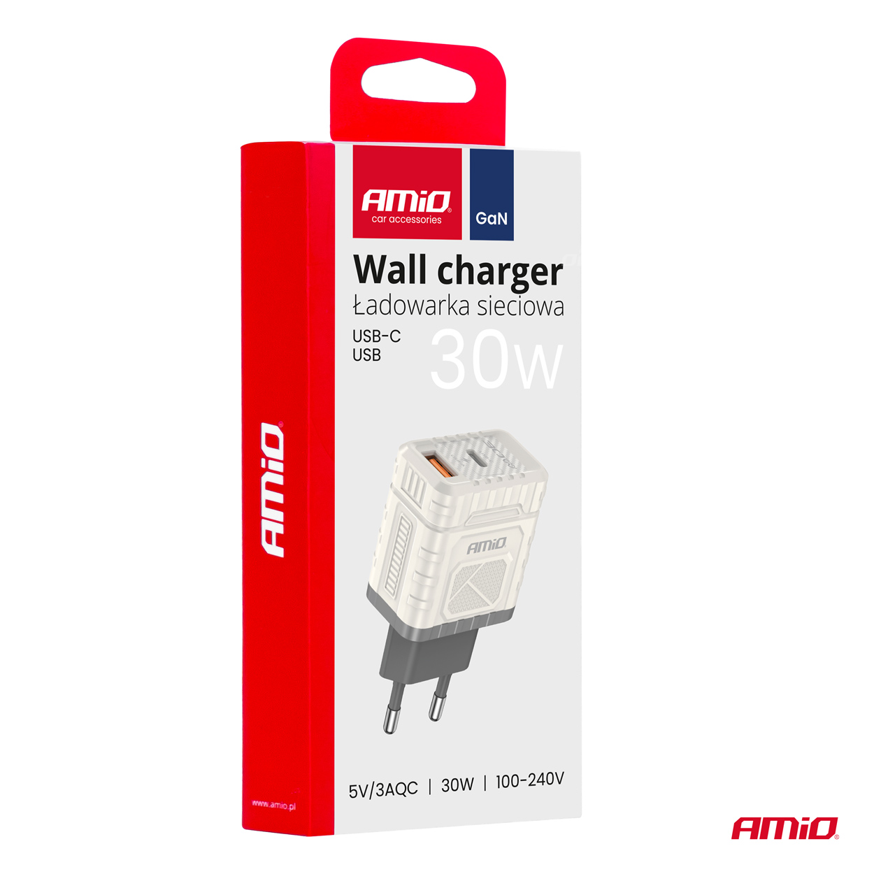 Sieťová nabíjačka Quick Charge GaN 30W USB-A + USB-C AMiO-04286