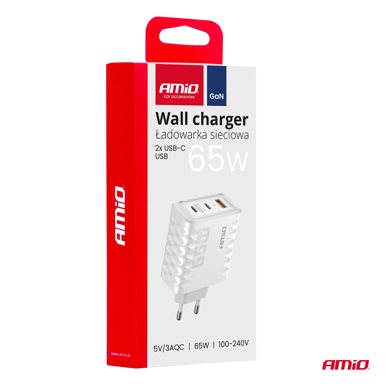 Sieťová nabíjačka Quick Charge 65W USB-A + 2xUSB-C AMiO-04289