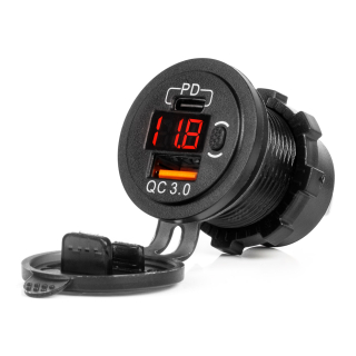 Vodotesná nabíjačka so spínačom, digitálnym voltometrom ČERVENÝ LED indikátor USB + USB C QC3.0 12/24V AMiO-04222