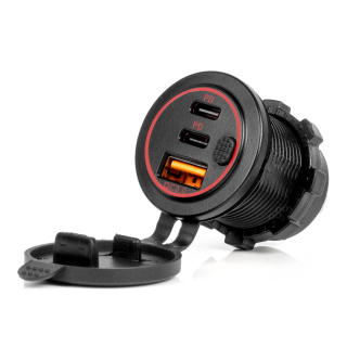 Vodotesná nabíjačka na telefón s vypínačom ČERVENÉ LED podsvietenie USB + 2xUSB C QC3.0 12/24V AMiO-04227